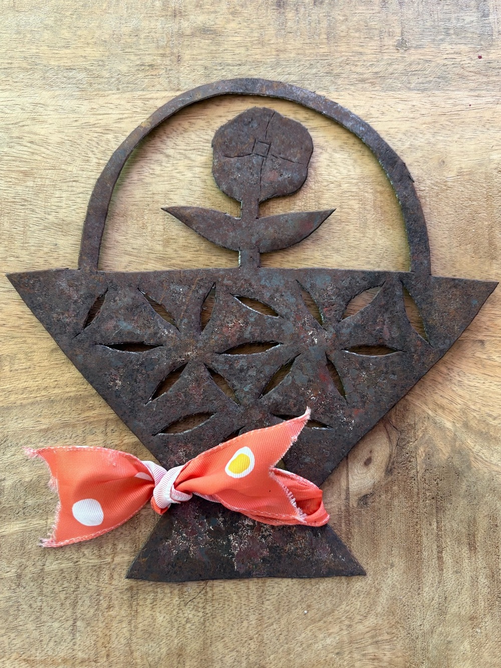 Rustic Sheet Metal Flower Basket Wall Accent with Orange Bow - Picture 8 of 8